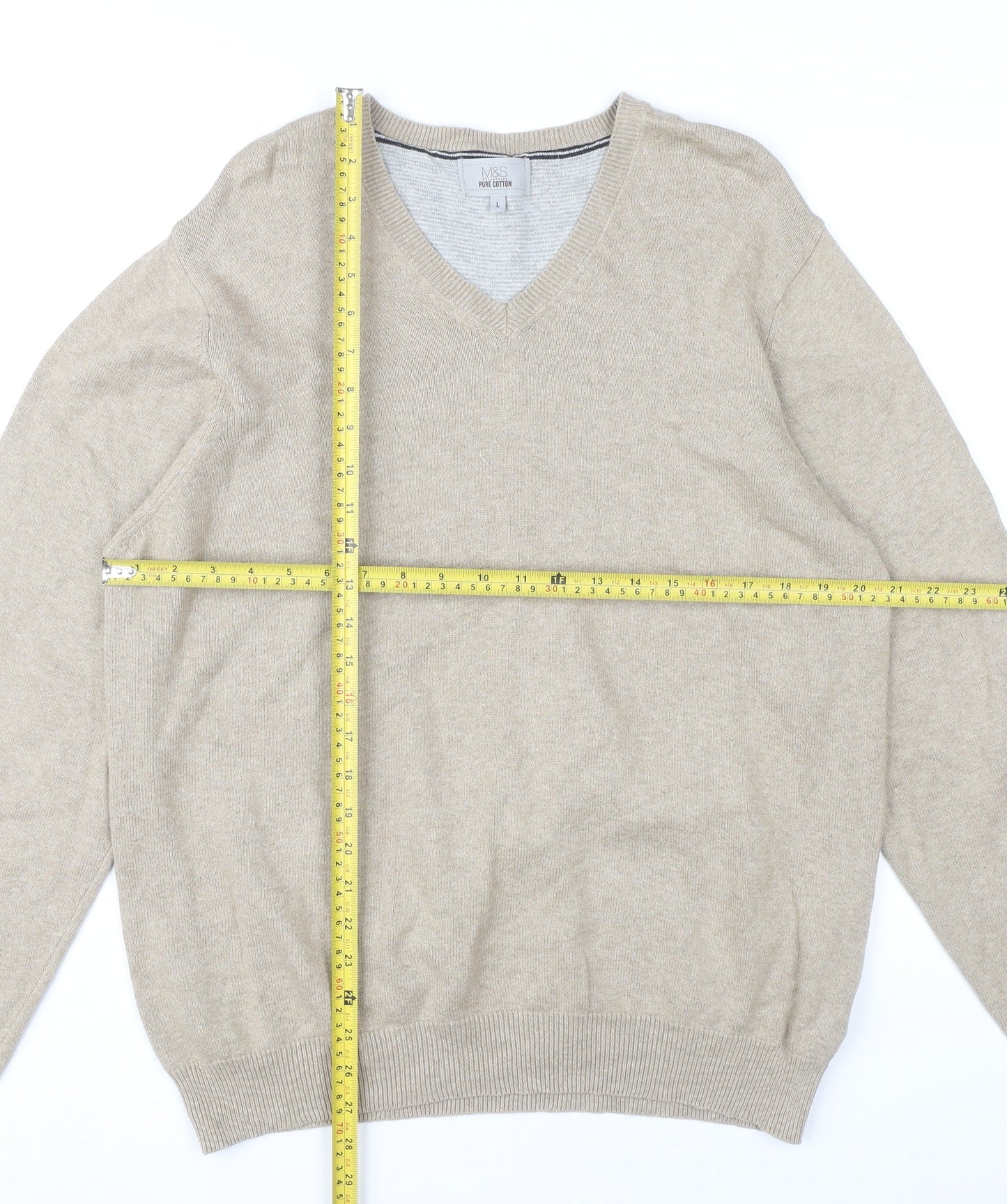 Marks and Spencer Mens Beige Cotton V-Neck Jumper Size L