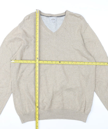 Marks and Spencer Mens Beige Cotton V-Neck Jumper Size L