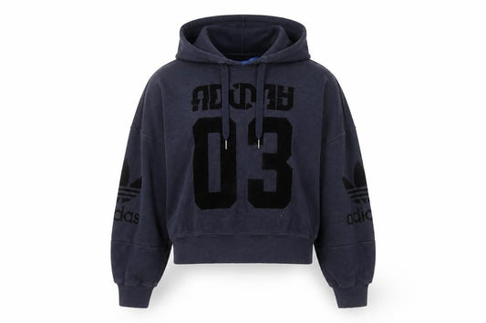 Front view of Adidas women’s blue cotton pullover hoodie, size UK 10, long sleeve