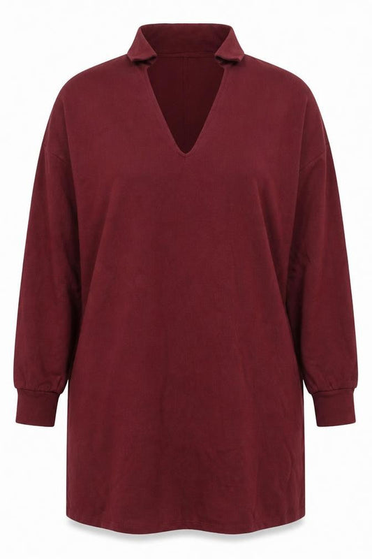 Front view of ASOS Women’s Red Shift Knee Length Dress, size UK 16, Long Sleeve V-Neck
