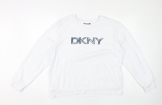 DKNY Womens White Pullover Logo Sweatshirt Size M