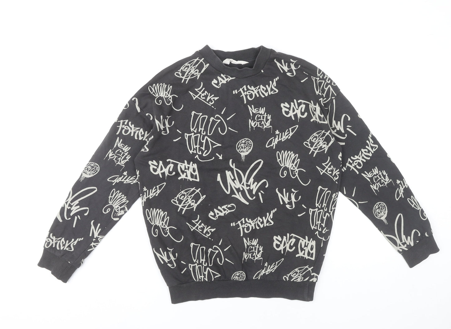 H&M Boys Black Graphic Print Crew Neck Sweatshirt 11Y Pullover Cotton Blend