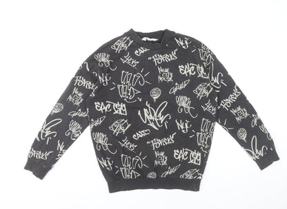 H&M Boys Black Graphic Print Crew Neck Sweatshirt 11Y Pullover Cotton Blend