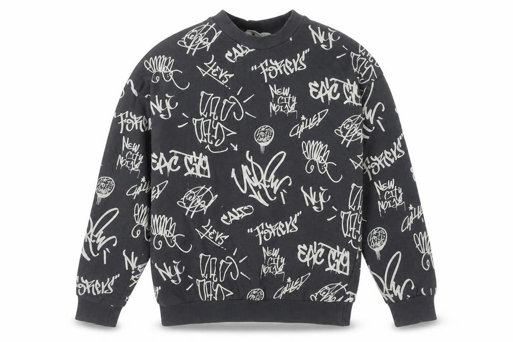 Front view of H&M boys’ black graphic print crew neck sweatshirt 11y pullover cotton blend