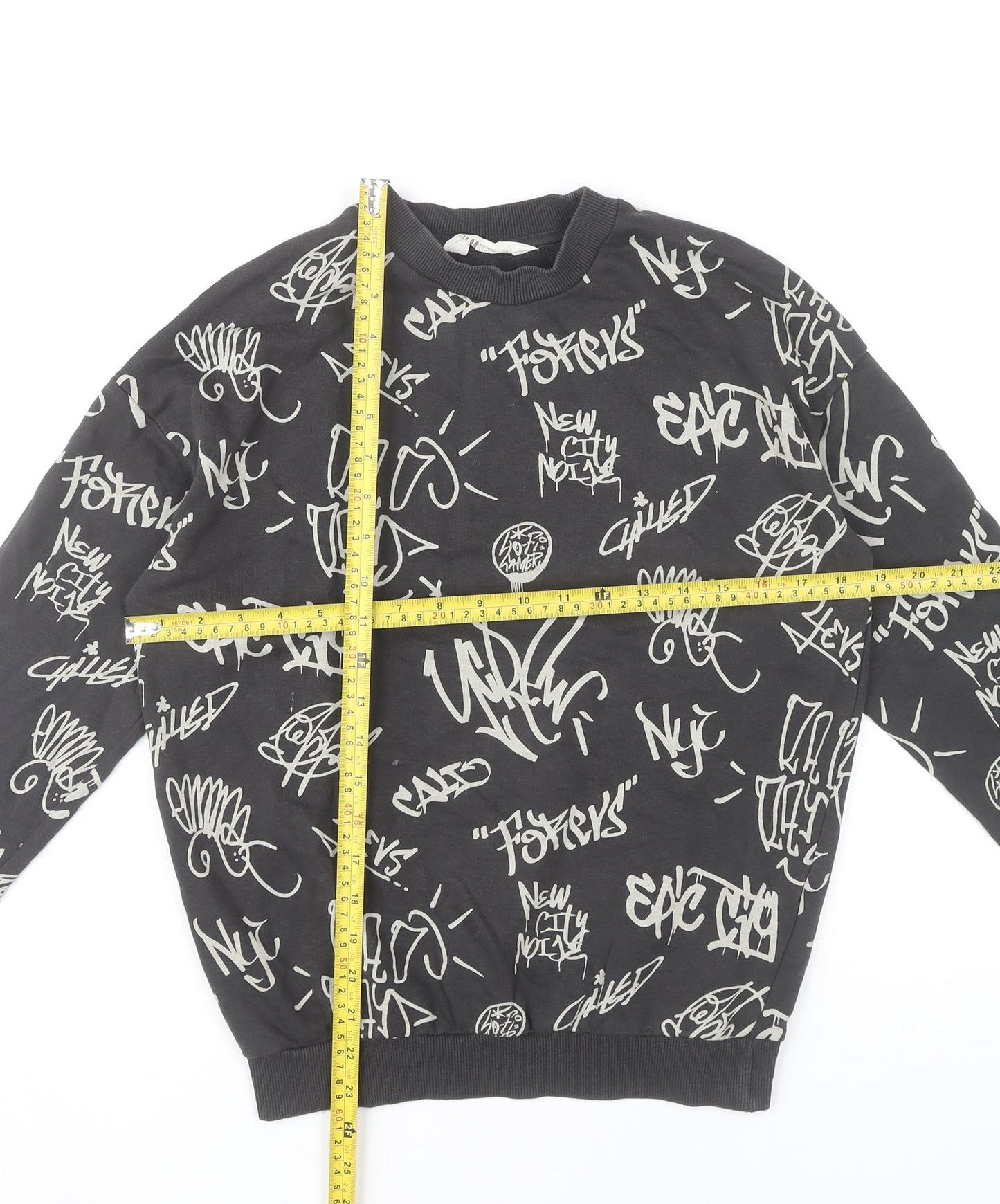 H&M Boys Black Graphic Print Crew Neck Sweatshirt 11Y Pullover Cotton Blend
