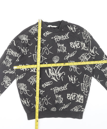 H&M Boys Black Graphic Print Crew Neck Sweatshirt 11Y Pullover Cotton Blend