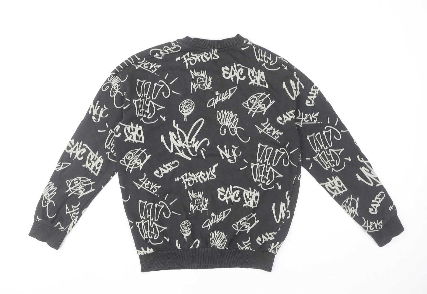 H&M Boys Black Graphic Print Crew Neck Sweatshirt 11Y Pullover Cotton Blend