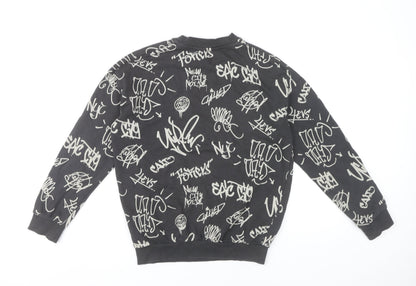 H&M Boys Black Graphic Print Crew Neck Sweatshirt 11Y Pullover Cotton Blend