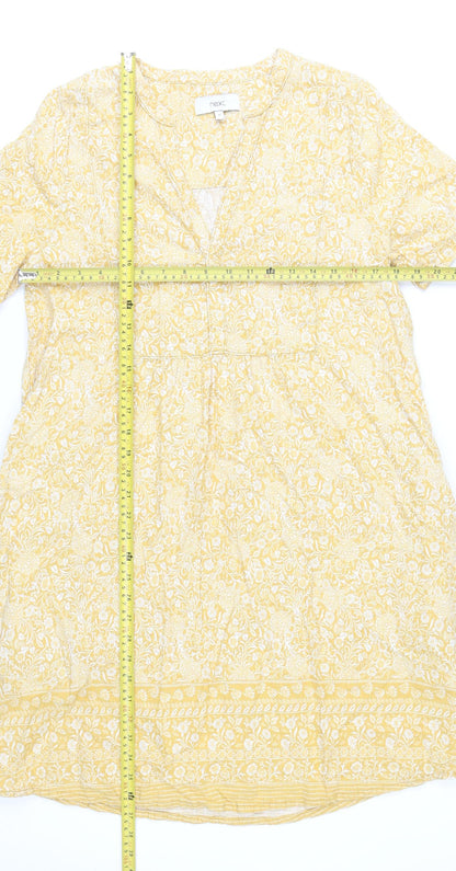Next Women’s Yellow Floral Shift Dress Size 10 Short Sleeve V-Neck
