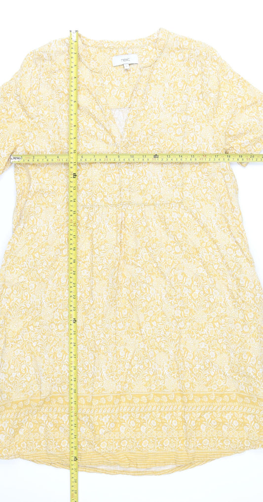Next Women’s Yellow Floral Shift Dress Size 10 Short Sleeve V-Neck