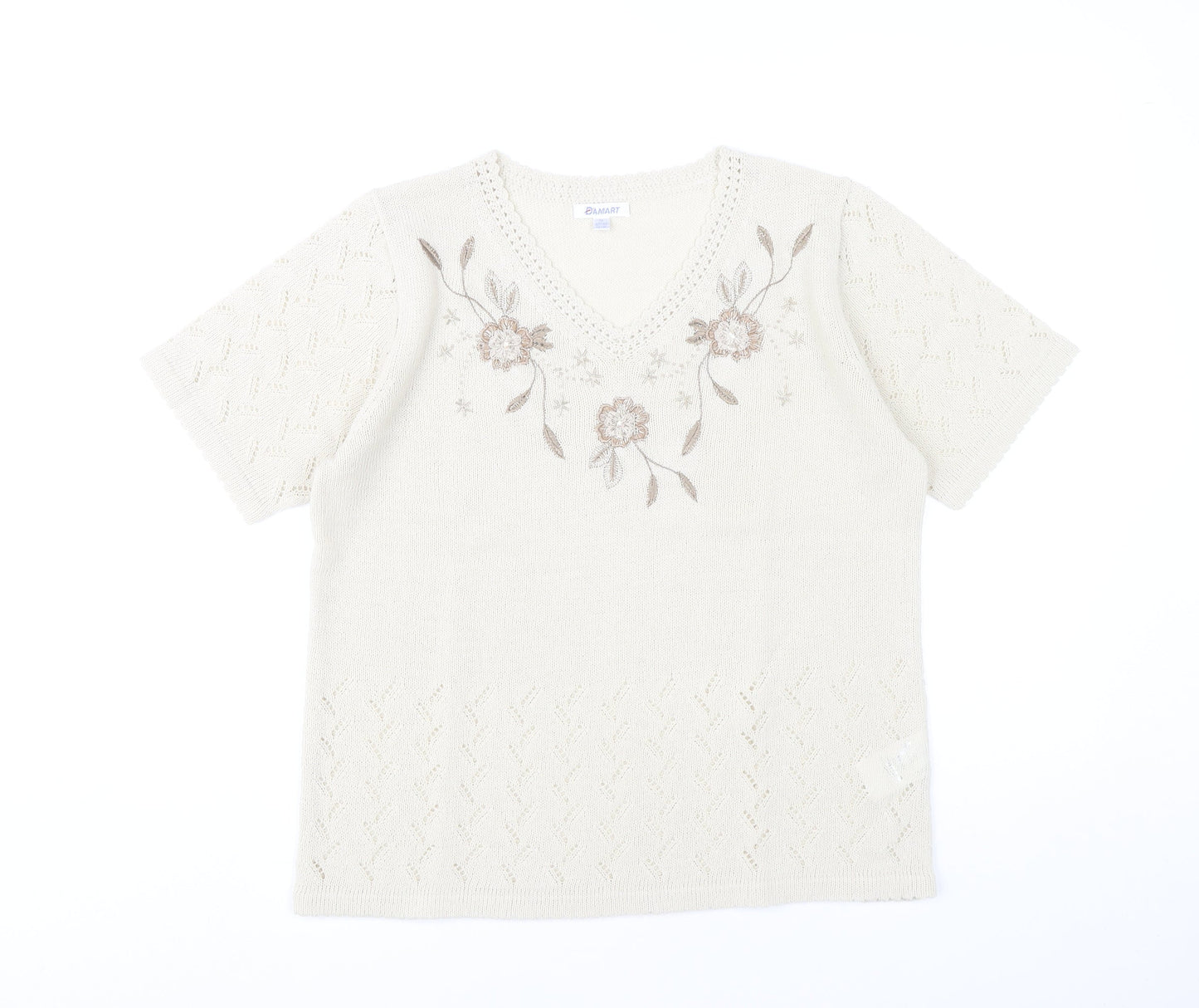 Damart Womens Ivory Floral Embroidered Knit T-Shirt Size 14