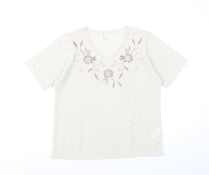 Damart Womens Ivory Floral Embroidered Knit T-Shirt Size 14