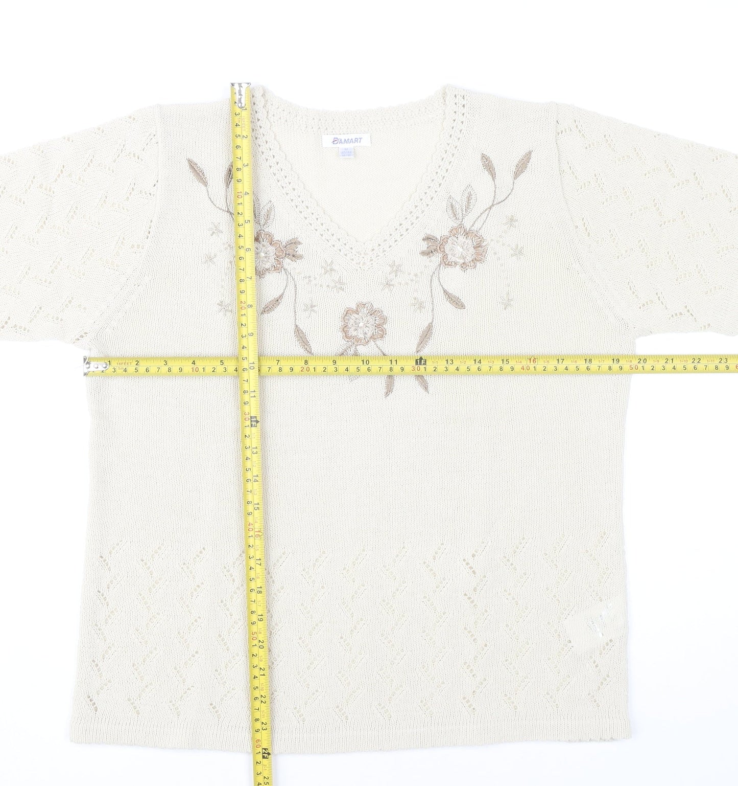 Damart Womens Ivory Floral Embroidered Knit T-Shirt Size 14
