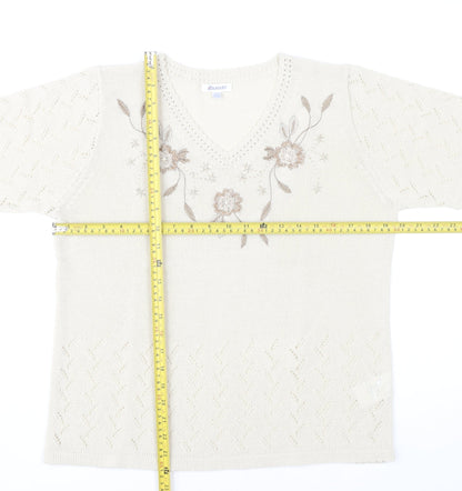 Damart Womens Ivory Floral Embroidered Knit T-Shirt Size 14