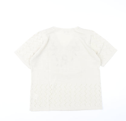 Damart Womens Ivory Floral Embroidered Knit T-Shirt Size 14