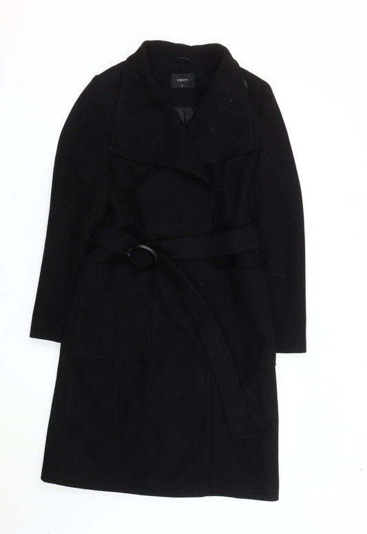 Papaya Womens Black Belted Overcoat Size 8 Polyester Classic Coat