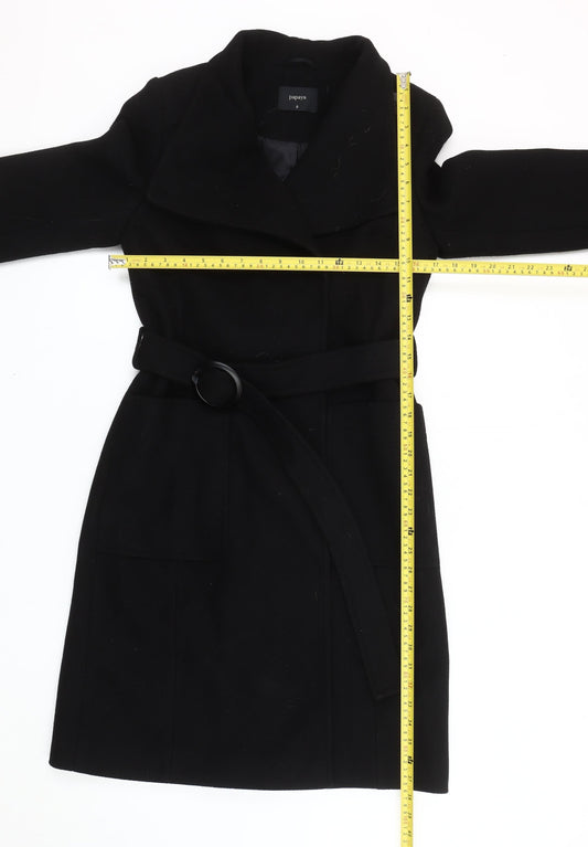 Papaya Womens Black Belted Overcoat Size 8 Polyester Classic Coat