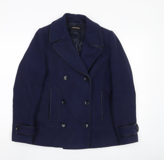 Jaeger Womens Blue Wool Blend Pea Coat UK 8 Workwear Smart Jacket