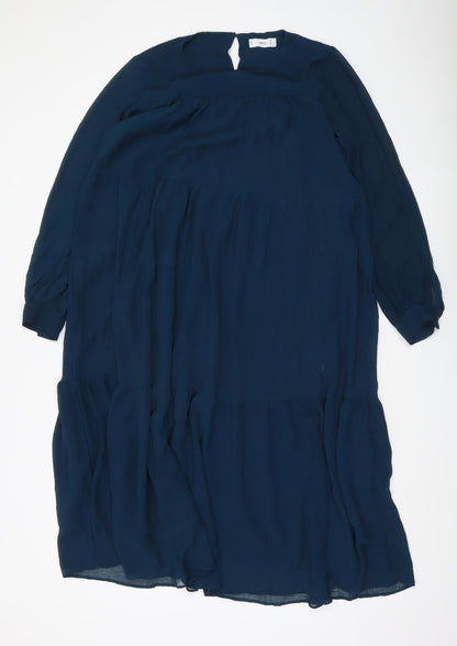 MNG Women Blue Midi Shift Dress Size 10 Long Sleeve V-Neck