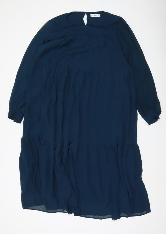 MNG Women Blue Midi Shift Dress Size 10 Long Sleeve V-Neck