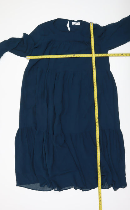 MNG Women Blue Midi Shift Dress Size 10 Long Sleeve V-Neck