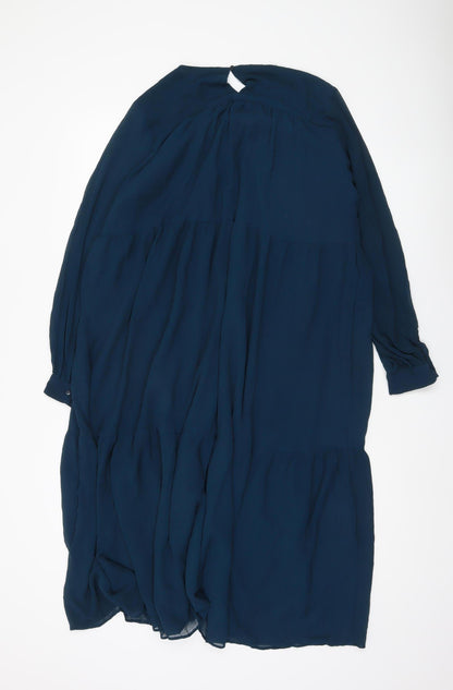 MNG Women Blue Midi Shift Dress Size 10 Long Sleeve V-Neck