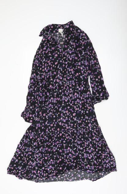 H&M Women’s Black Floral Collared Long Sleeve Shirt Dress Size 8