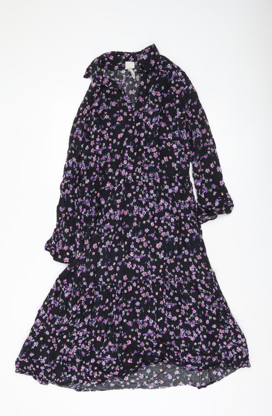 H&M Women’s Black Floral Collared Long Sleeve Shirt Dress Size 8