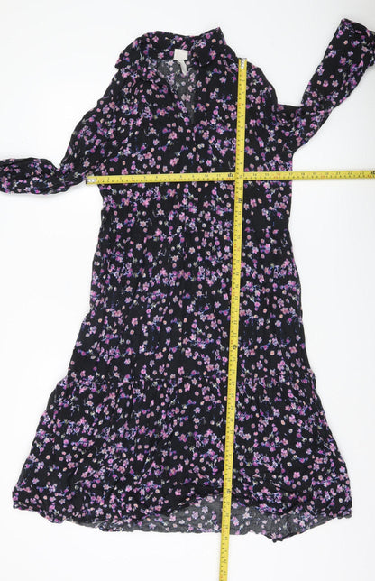 H&M Women’s Black Floral Collared Long Sleeve Shirt Dress Size 8