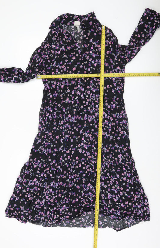 H&M Women’s Black Floral Collared Long Sleeve Shirt Dress Size 8