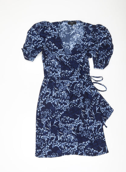 Next Womens Blue Wrap Dress Size 10 Floral Puff Sleeve Short