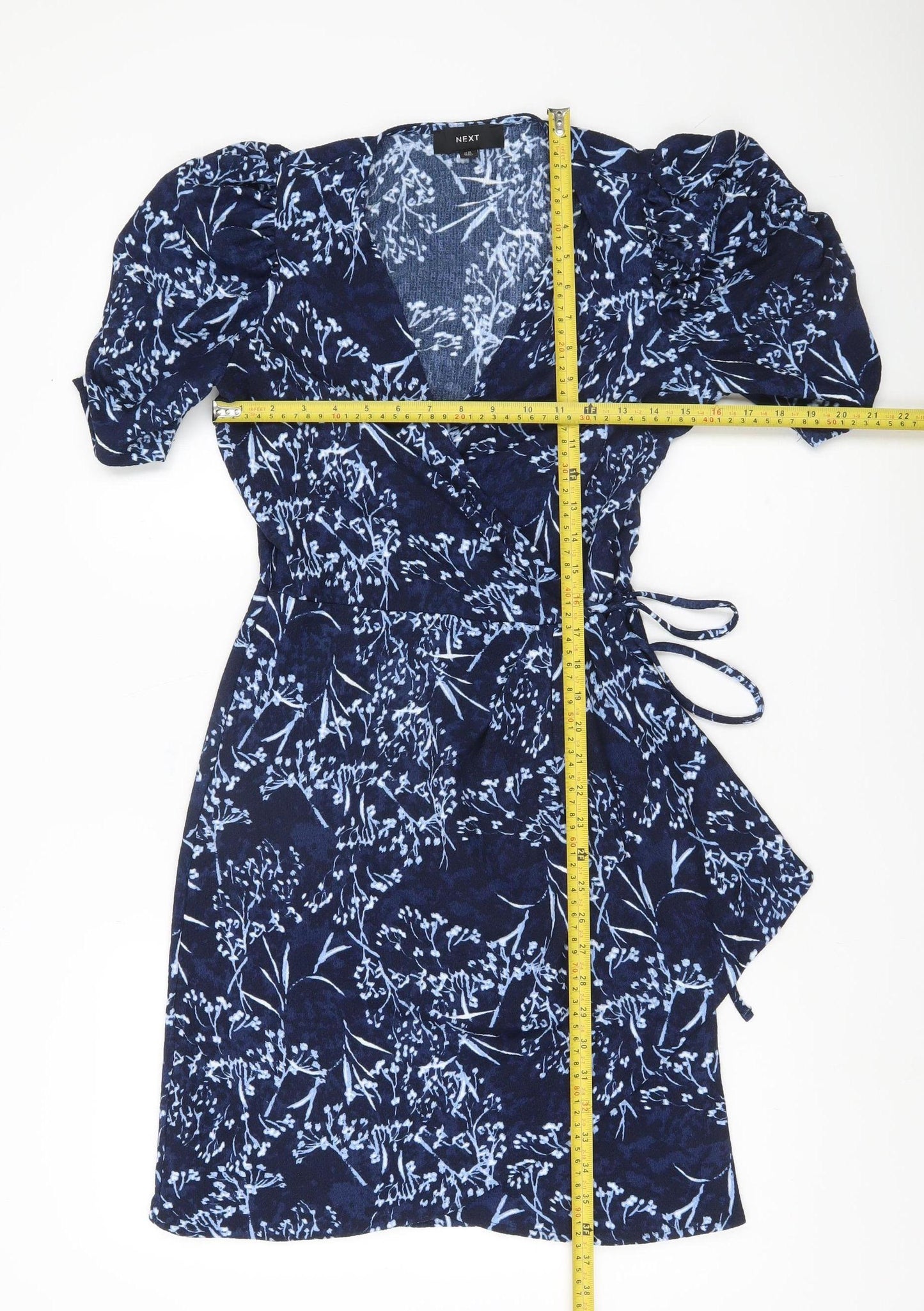Next Womens Blue Wrap Dress Size 10 Floral Puff Sleeve Short