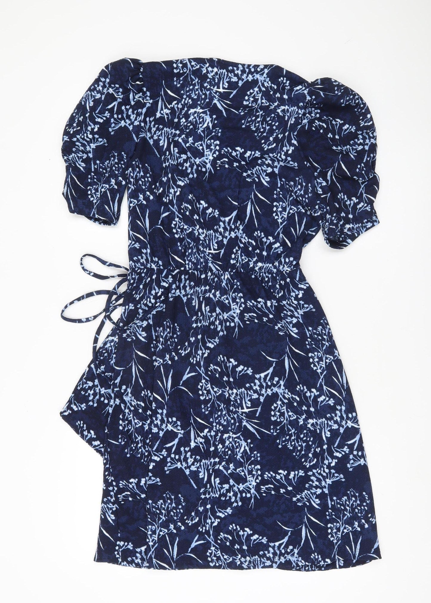 Next Womens Blue Wrap Dress Size 10 Floral Puff Sleeve Short