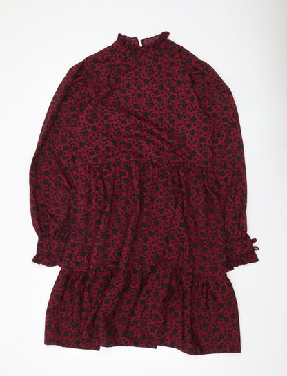 QED London Women’s Red Floral Puff Sleeve Ruffle Dress UK 10