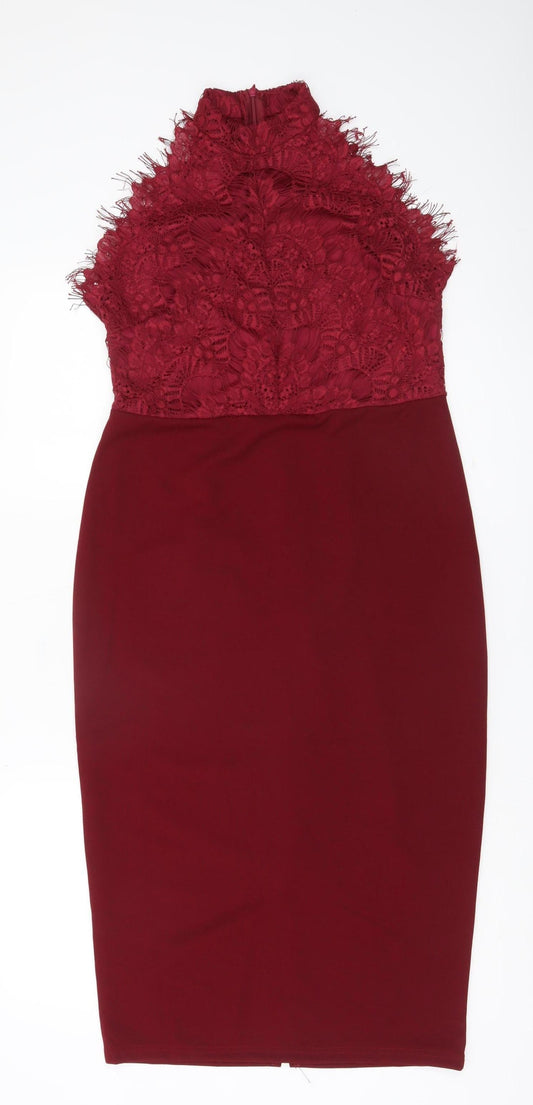 Boohoo Women Red Lace Bodycon Dress Size 14 Party Cocktail