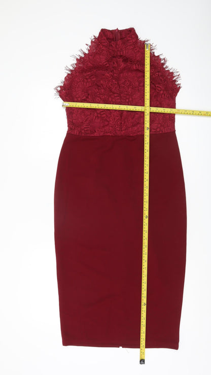 Boohoo Women Red Lace Bodycon Dress Size 14 Party Cocktail