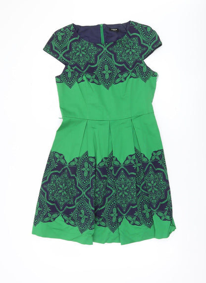 Oasis Women’s Green Blue Geometric A-Line Skirt Size 12 Knee Length Pleated