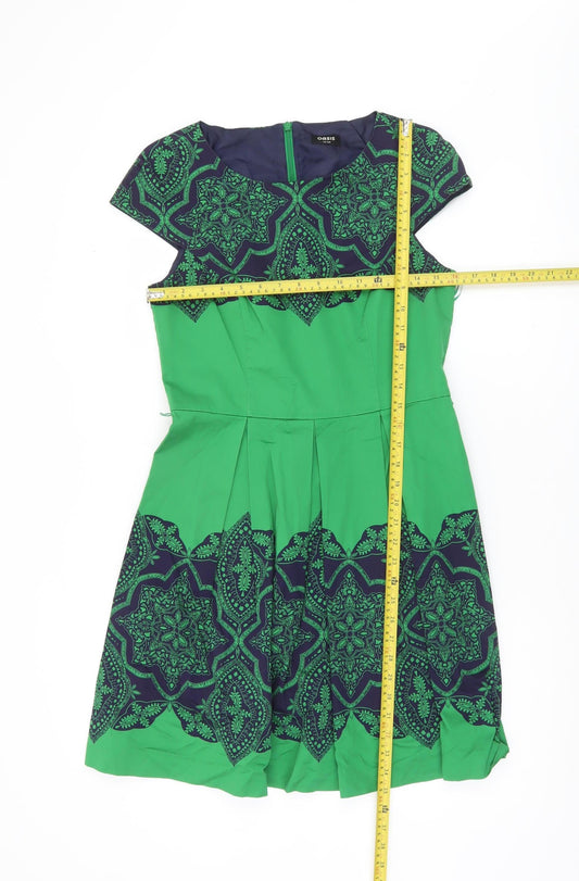 Oasis Women’s Green Blue Geometric A-Line Skirt Size 12 Knee Length Pleated