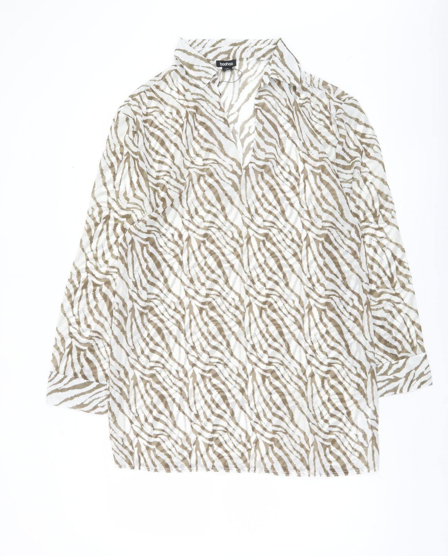 Boohoo Women’s Beige Zebra Animal Print Long Sleeve Blouse Size S