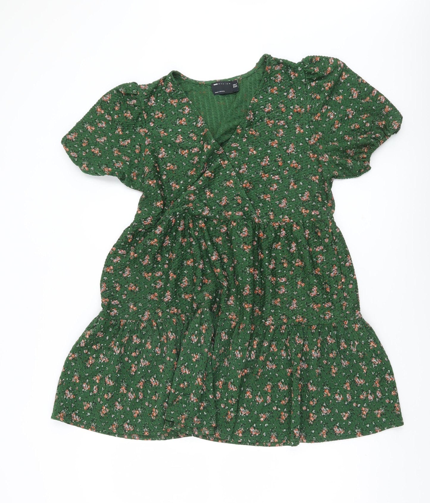 ASOS Women’s Green Floral Wrap Short Dress Size 10 Puff Sleeve