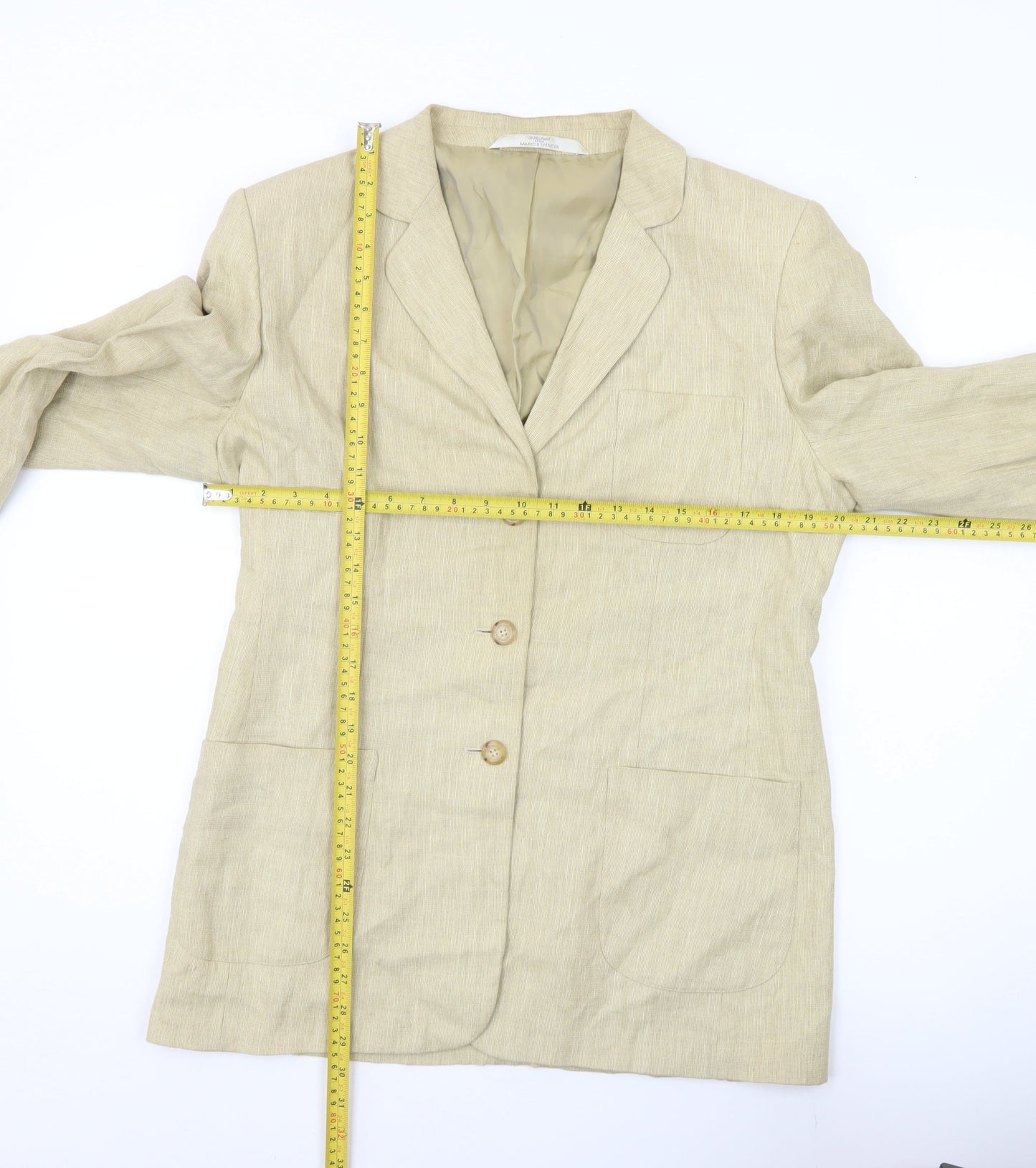 Marks & Spencer Women Beige Linen Blazer UK 14 Long Sleeve Tailored
