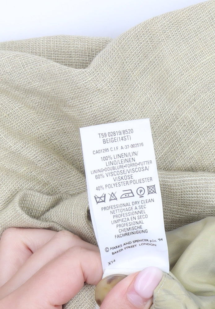 Marks & Spencer Women Beige Linen Blazer UK 14 Long Sleeve Tailored