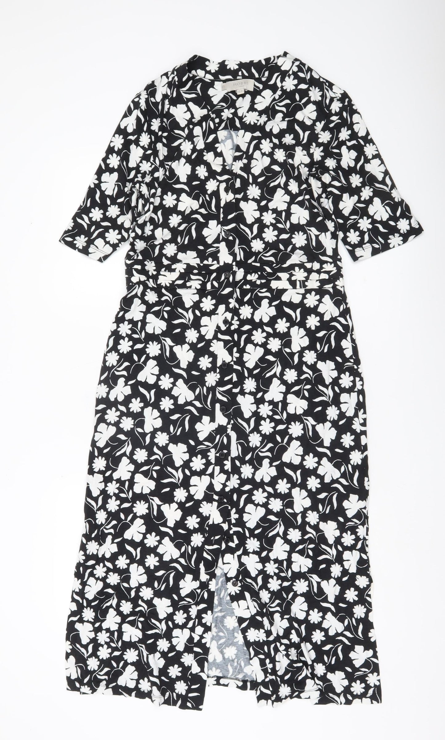 Hobbs Women’s Black Floral Shirt Midi Dress Size 12 V-Neck Workwear