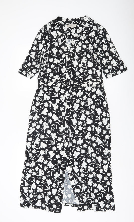 Hobbs Women’s Black Floral Shirt Midi Dress Size 12 V-Neck Workwear