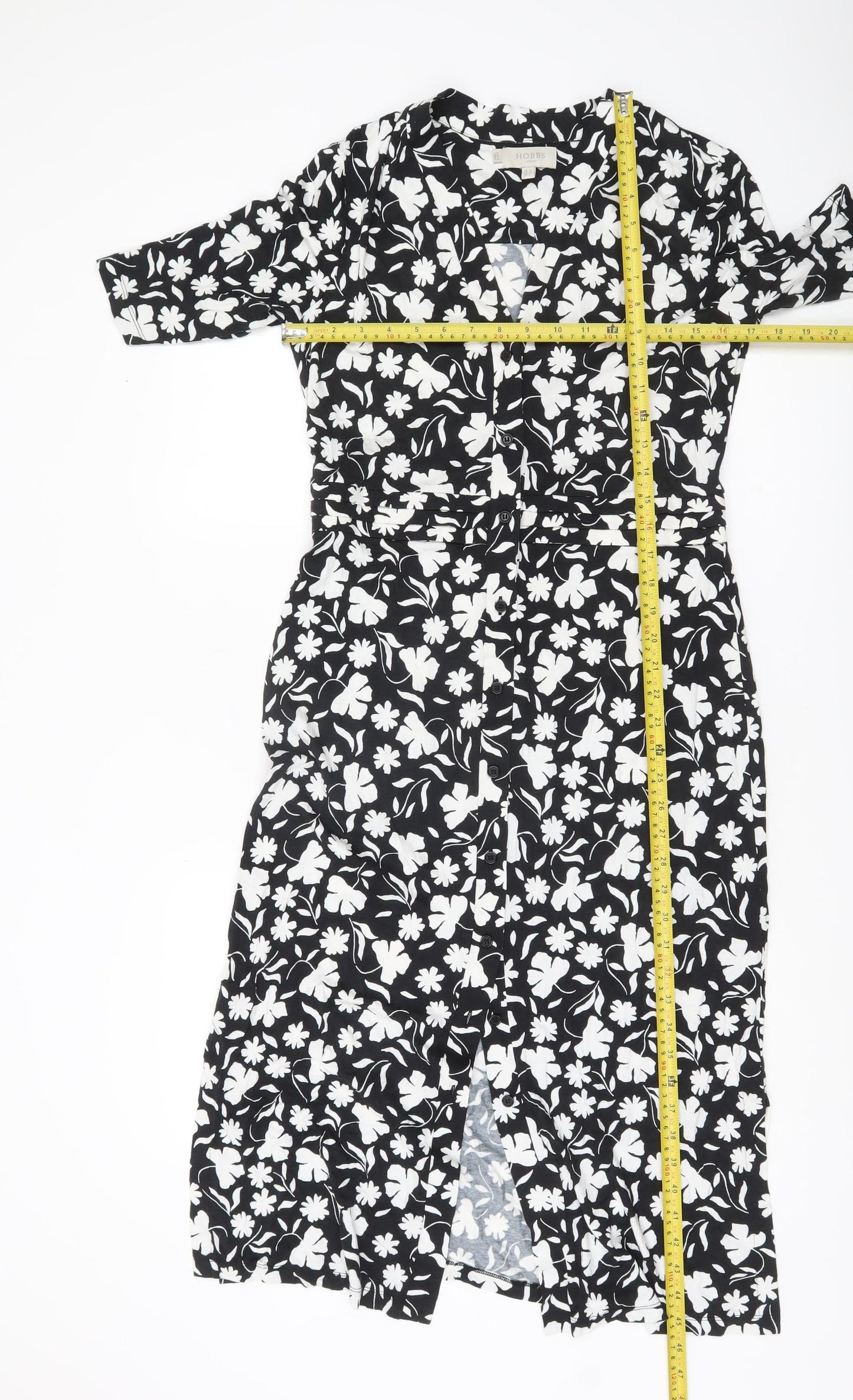 Hobbs Women’s Black Floral Shirt Midi Dress Size 12 V-Neck Workwear