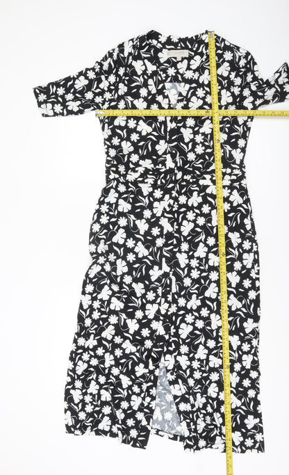 Hobbs Women’s Black Floral Shirt Midi Dress Size 12 V-Neck Workwear