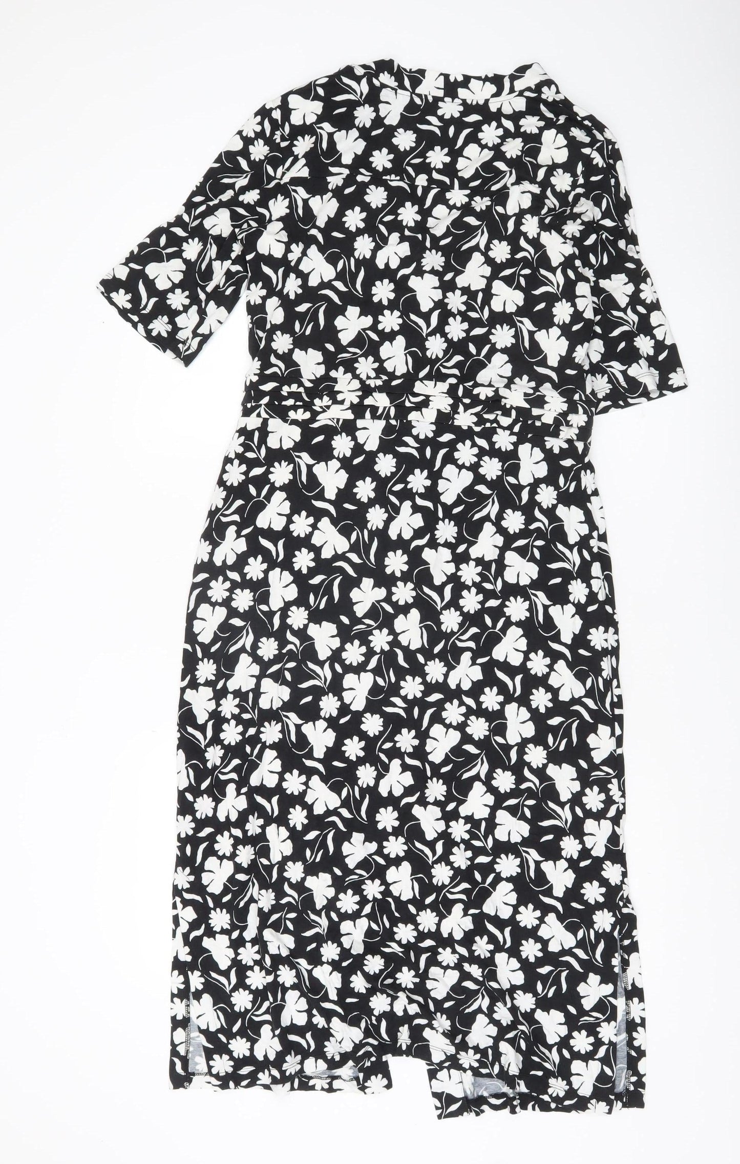 Hobbs Women’s Black Floral Shirt Midi Dress Size 12 V-Neck Workwear
