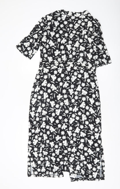Hobbs Women’s Black Floral Shirt Midi Dress Size 12 V-Neck Workwear