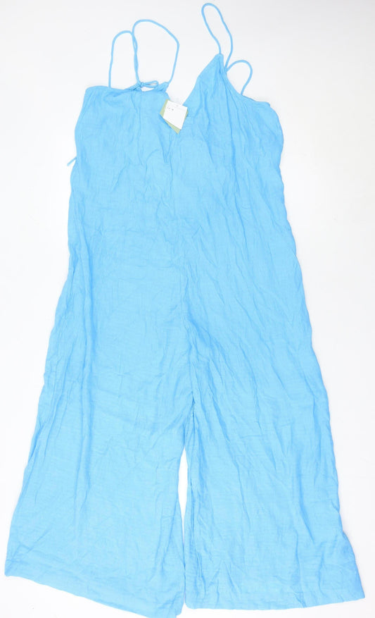H&M Women’s Blue Wide-Leg Linen Blend Jumpsuit Size 12