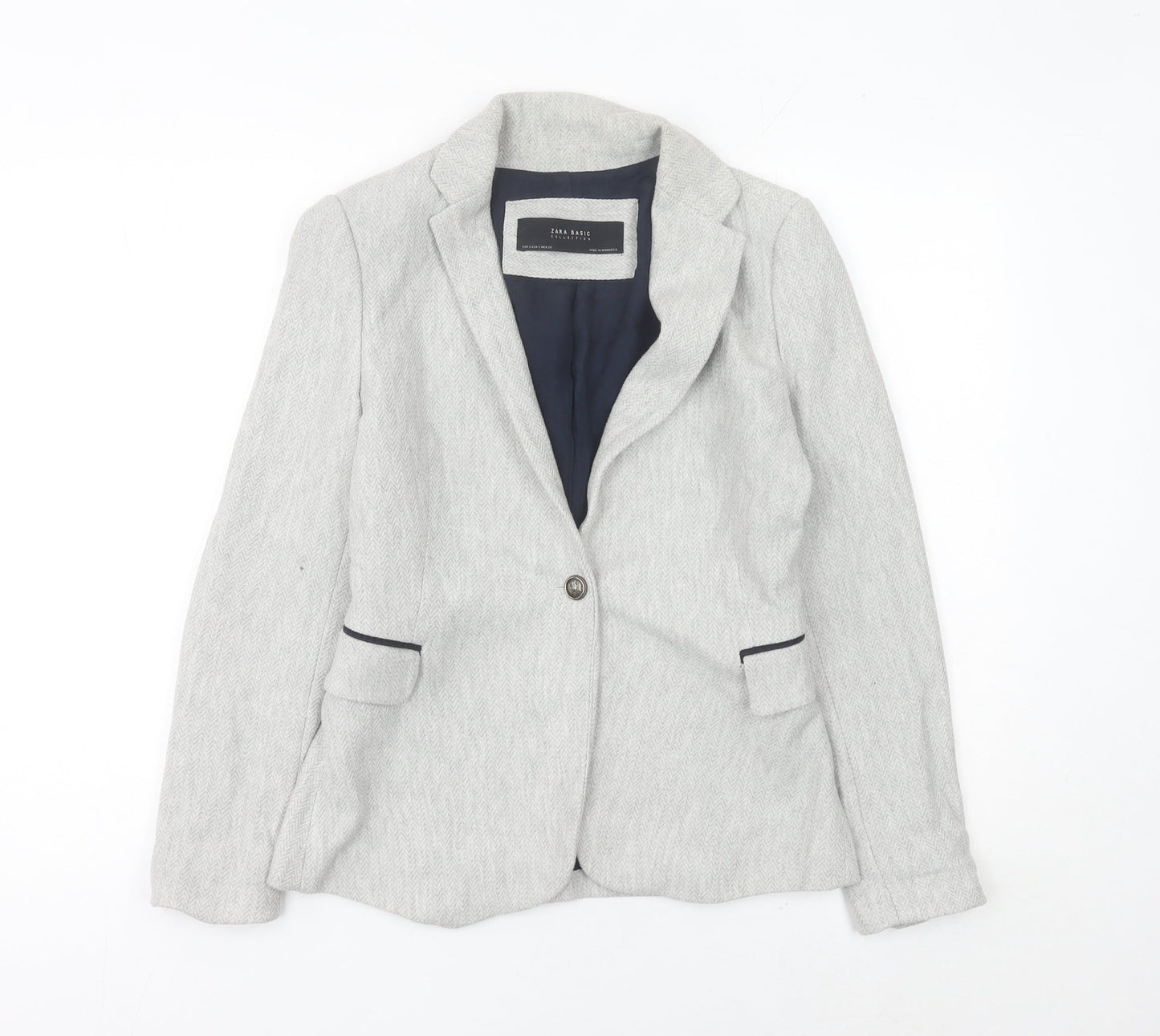Zara Women Grey Herringbone Blazer Jacket Size S Single Breasted